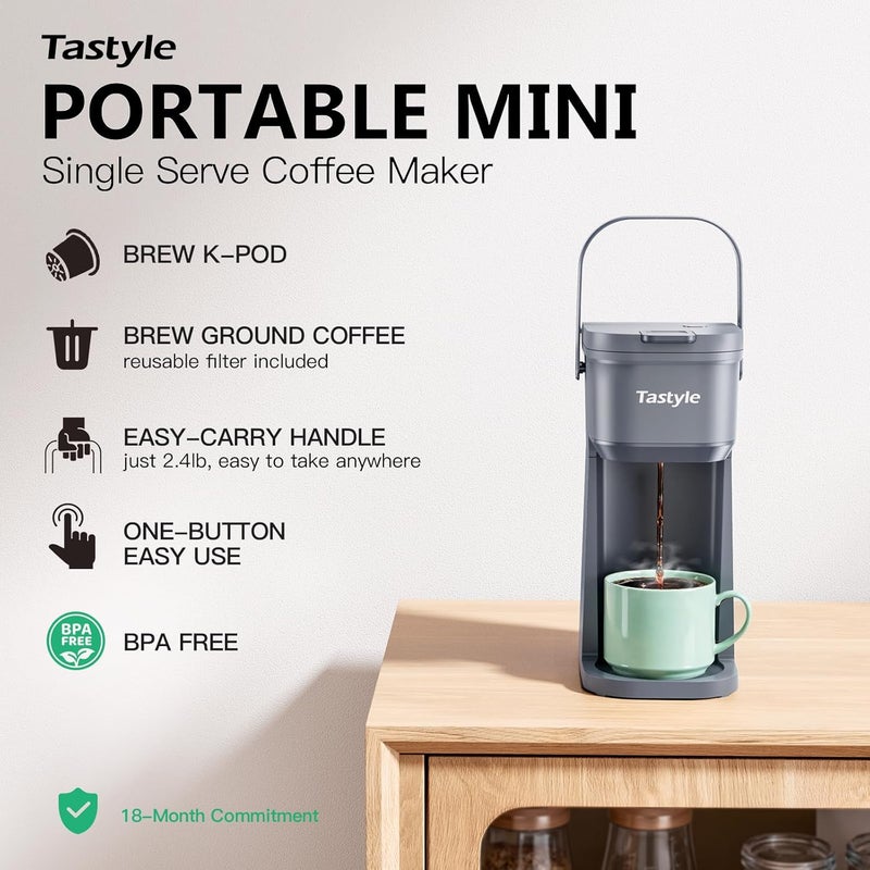 Tastyle Single Serve One Cup Coffee Maker, for K Cups and Grounds, Mini Coffee Maker with Portable Handle, 6 to 12 Oz Brew Size, for Travel, Camping, Office, RV and Dorm, 120V, Cool Gray - Image 2